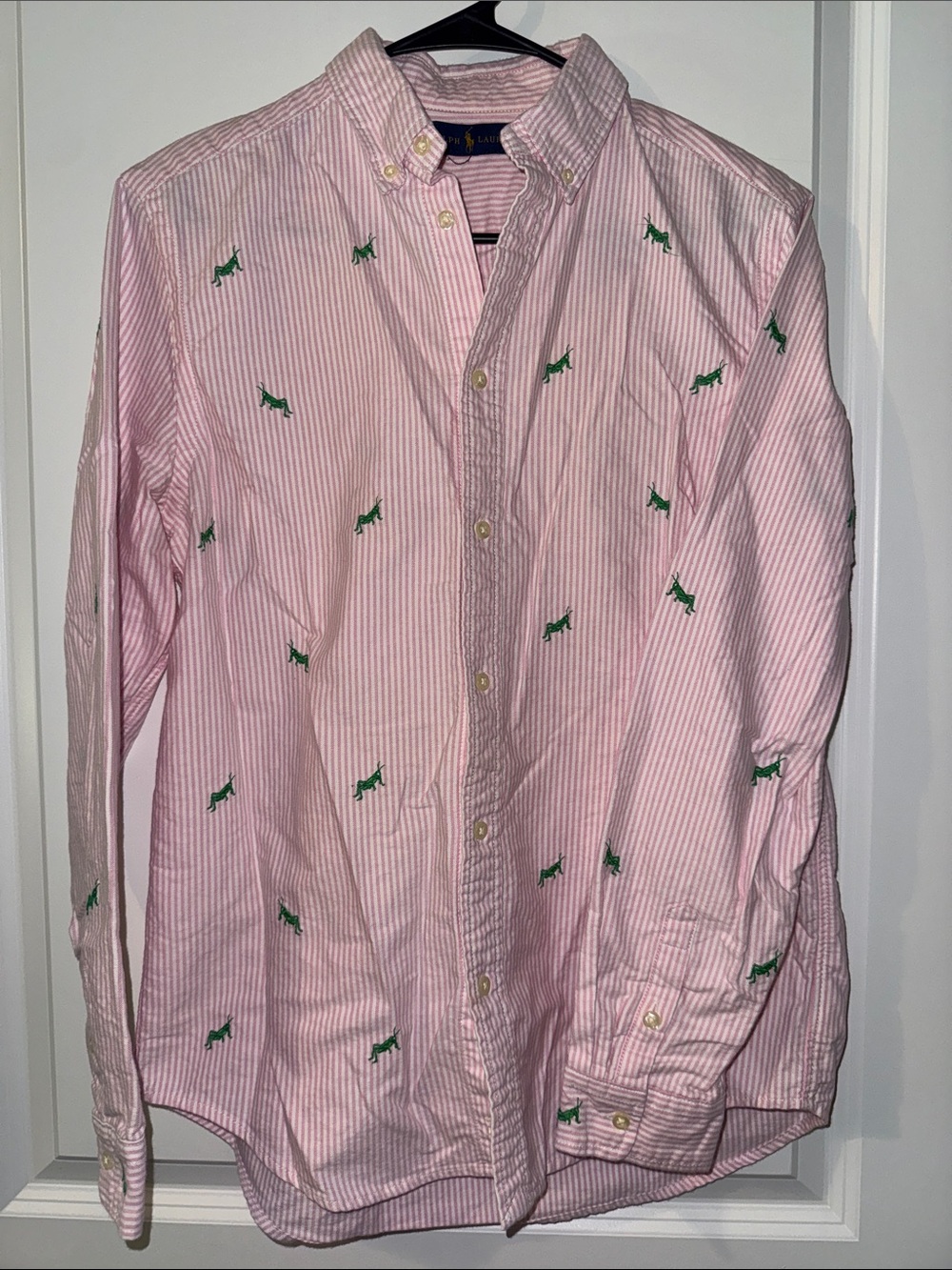 Ralph Lauren Pink Striped Button-Down Shirt with Green Grasshopper Embroidery